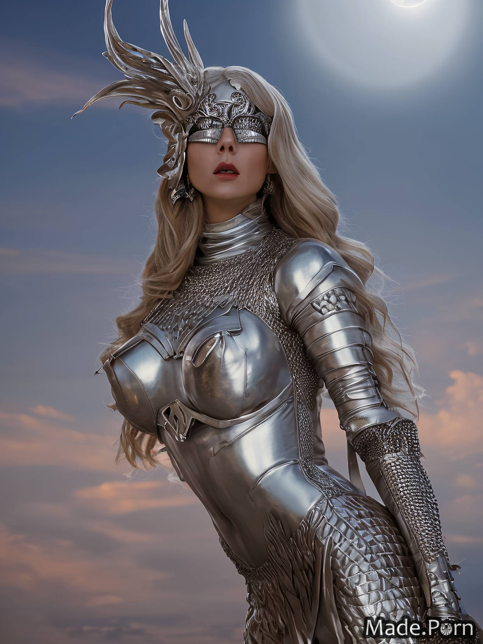 chrome venetian mask sunset surprised fantasy armor aluminum natural tits