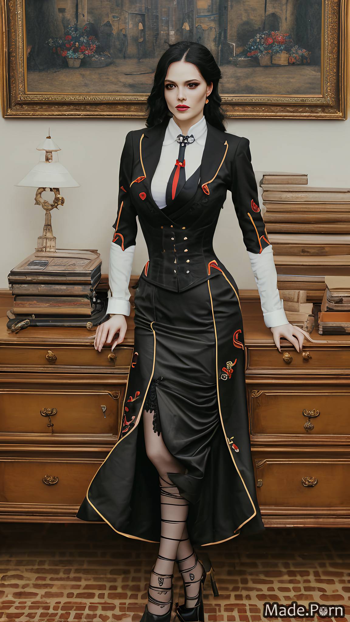 black hair blue red leather standing secretary goth