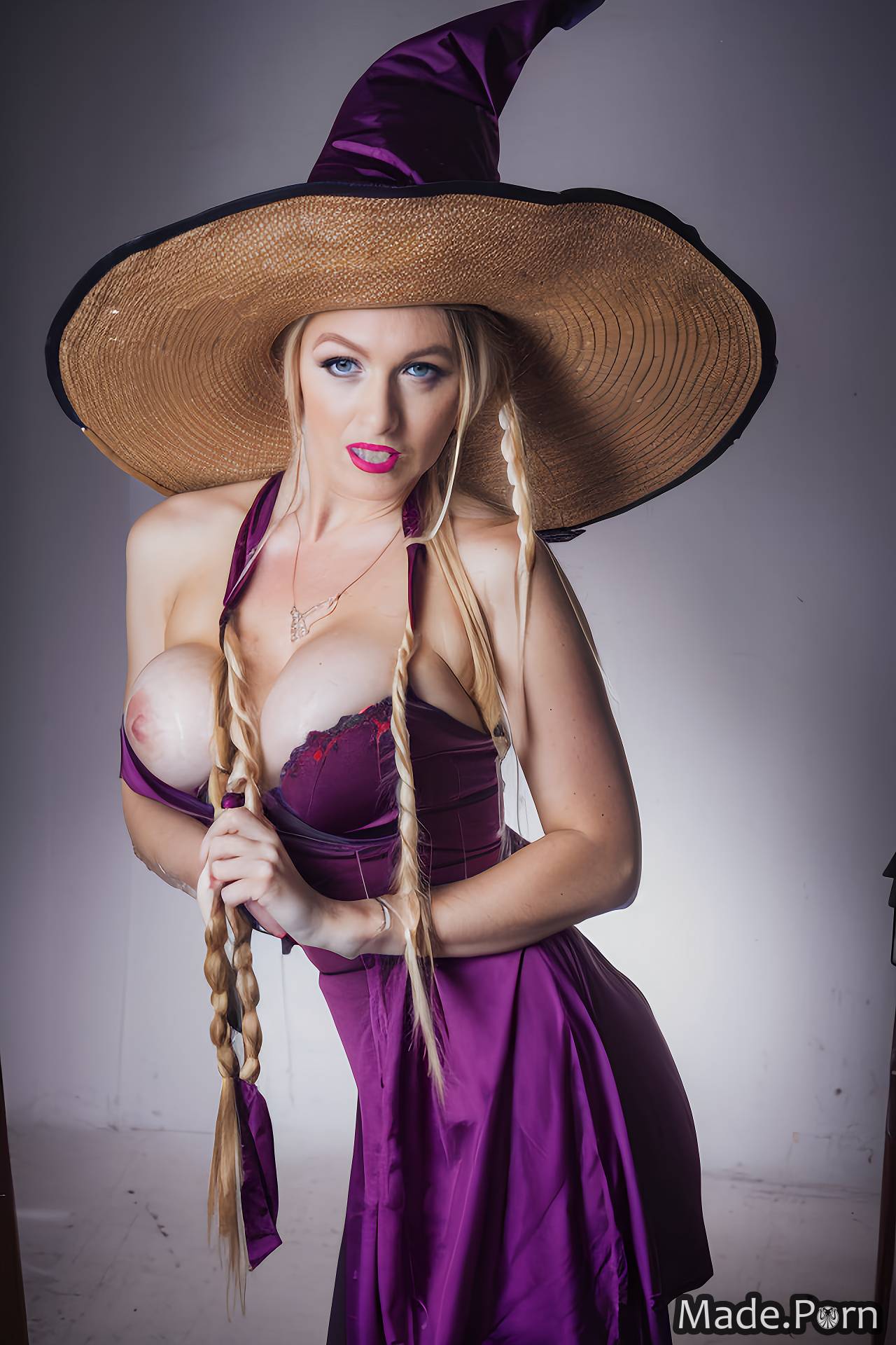 purple athlete long hair french busty blonde witch